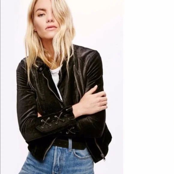 EUC Free People Lacey Velvet Corset Lace Tied Black Moto Jacket Small​​​​​
